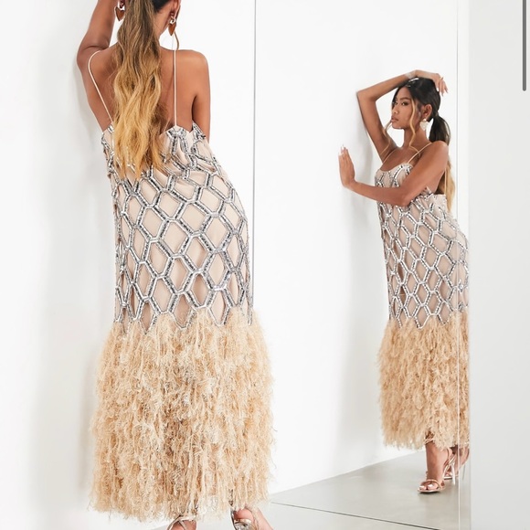 ASOS EDITION Sequin midi dress with feather hem in nude pink color - Picture 3 of 7